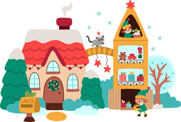 Fototapeta premium Santa Claus house with bridge and toy factory tower with windows showing conveyor belt with gift boxes, toys and elf making pudding or cake. Christmas or New Year plant illustration for kids