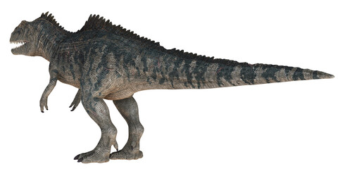Realistic dinosaur model in side view.