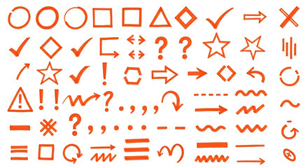 Detailed orange UI icons set: assorted checkboxes, arrows, stars, shapes and punctuation marks in bold orange line-art for interface and graphic design