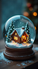 Snow Globe with Cozy Log Cabin, Snow-Covered Trees, and Warm Lights in a Festive Winter Setting