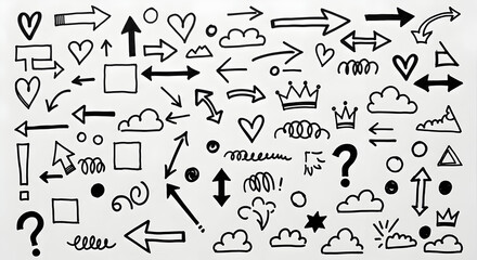 Hand-drawn doodle icons set: crowns, hearts, arrows, stars, clouds and decorative marks in simple sketch style for creative notes and scrapbooking