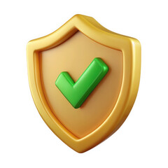 A golden shield with a green checkmark on transparent background