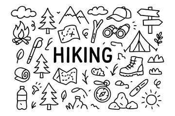 Fototapeta premium Hiking adventure: doodle elements of camping, nature, and exploration