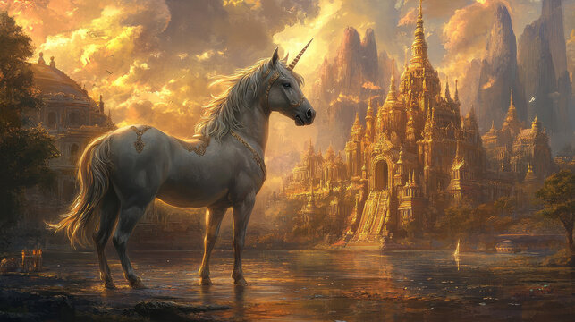 Sacred unicorn standing before a golden temple, worshipped by an ancient civilization for its divine presence &mdash;ar 16:9 