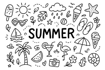 Obraz premium Hand drawn summer doodle collection with fun beach and vacation icons