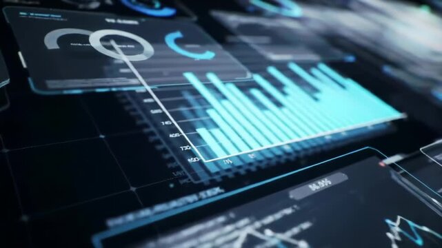Futuristic digital interface with overlapping data graphs and charts in motion. concept of technology, data visualization, digital innovation