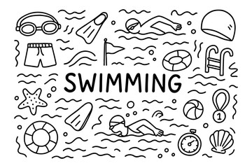 Swimming doodles: fun black and white line art with swimmers, gear, and sea elements
