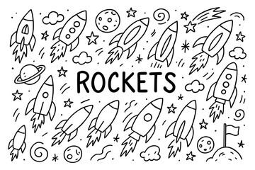 Hand-drawn rocket doodles with stars and planets for kids' space theme