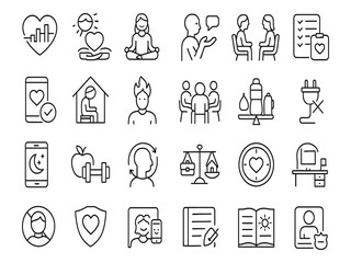 Collection of health and wellness icons isolated on white background