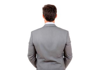 Rear view of man in gray suit on transparent background, PNG