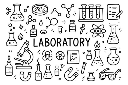 Laboratory science icons: hand drawn doodle set for chemistry and research - Powered by Adobe