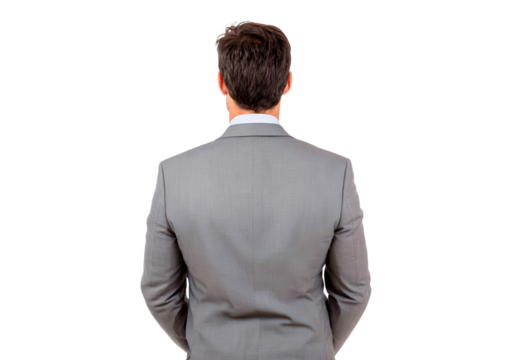 Rear view of man in gray suit on transparent background, PNG