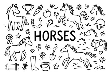 Fototapeta premium Hand-drawn horse and equestrian doodles with trophies and equipment on white background