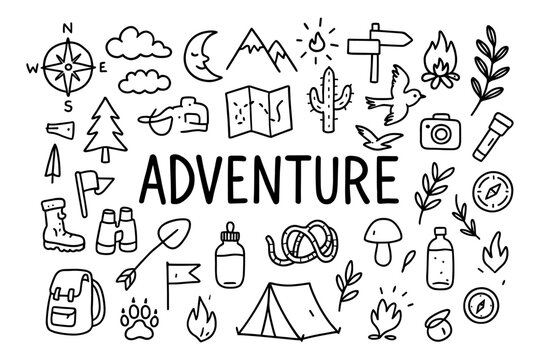 Adventure doodle elements: camping, hiking, and exploration symbols collection