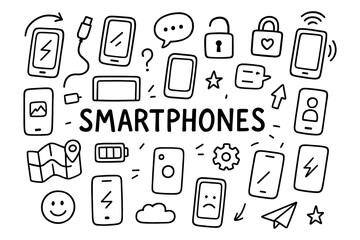 Hand drawn smartphone doodles with technology icons and symbols