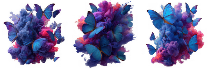 Abstract butterfly and smoke art, isolated on transparent background, featuring vibrant colors and dynamic movement in a creative and ethereal composition