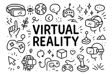 Hand drawn virtual reality elements with gadgets and symbols