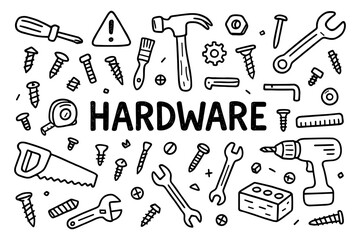 Hand-drawn hardware tools pattern with wrenches, screws, and drill