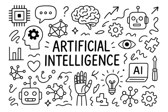 Doodle icons highlighting artificial intelligence and technology concepts - Powered by Adobe