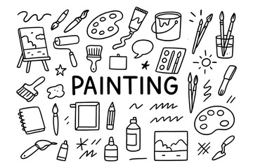 Creative painting tools in line art style featuring brushes, palette, and easel for art enthusiasts