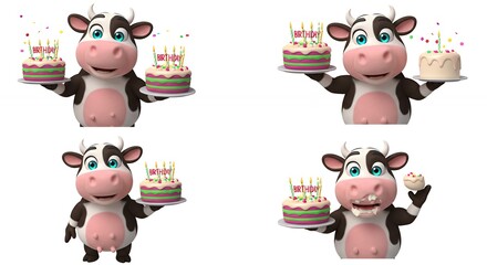 Cartoon cow holding birthday cake illustration set