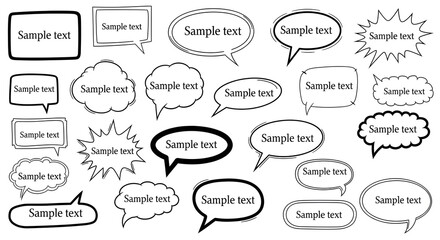 Hand-drawn speech and thought bubbles set: varied callouts, bursts and frames in black outlines for comics, presentations and graphic design