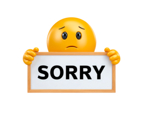 Sad emoji holding sorry sign with apologetic expression on transparent background, PNG