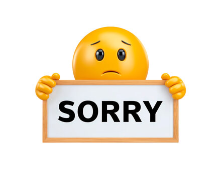 Sad emoji holding sorry sign with apologetic expression on transparent background, PNG