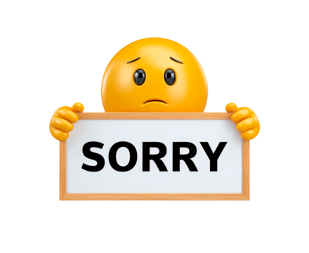 Sad emoji holding sorry sign with apologetic expression on transparent background, PNG