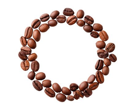 Circular arrangement of roasted coffee beans on transparent background, PNG