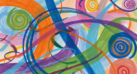 Obraz premium Energetic colorful ribbon swirls: bold multicolor circular brushstrokes and flowing loops in a vibrant abstract painting