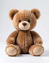 A cute, plush brown teddy bear sits and smiles on a plain white background.