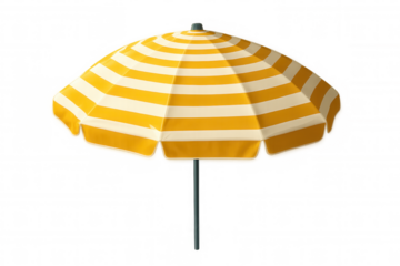 Beach umbrella featuring yellow-white striped canopy, providing shade against clean background, ideal for summer-themed design concepts