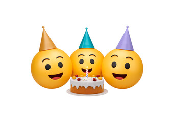 Happy emoji birthday celebration with party hats and cake on transparent background, PNG