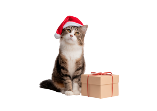 Christmas cat with santa hat and gift box on transparent background, PNG