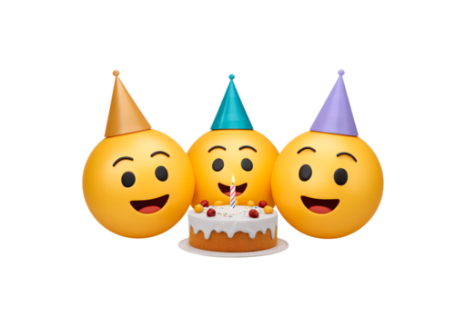 Happy emoji birthday celebration with party hats and cake on transparent background, PNG - Powered by Adobe