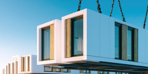 A prefabricated building module is being lifted into position by cranes. Modern construction and modular housing