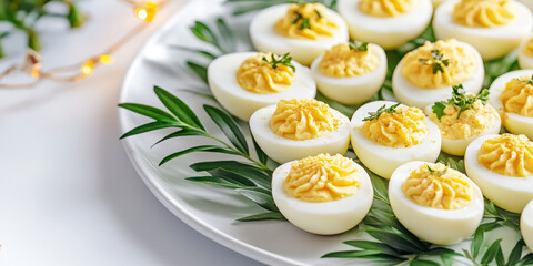 Deviled eggs arranged on a white plate with garnishes, enhancing their presentation. Festive appetizer display