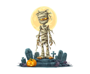 Animated mummy in graveyard with full moon and pumpkin for halloween on transparent background, PNG