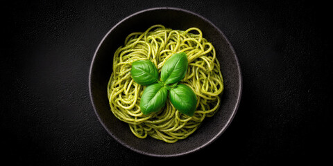 A bowl of green spaghetti garnished with basil leaves is centered. Concept: Italian cuisine, fresh ingredients