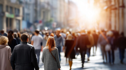 A lively street scene with a blurred crowd in sunlight