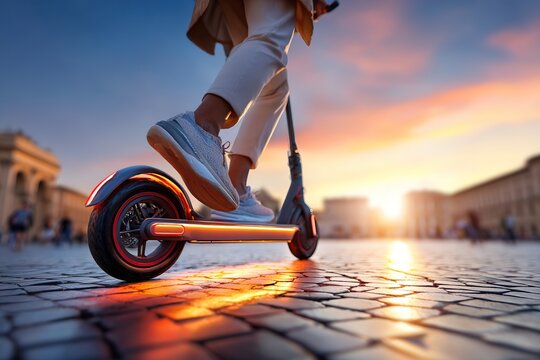Commute by e-scooter at sunset in European city streets - Powered by Adobe