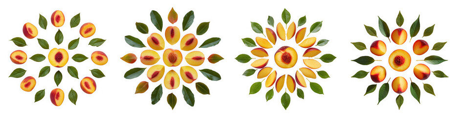 Naklejka premium Four circular compositions of sliced plums and green leaves isolated on transparent background, showcasing fresh, healthy, and organic ingredients for a balanced diet