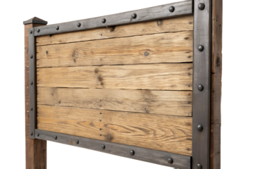 Rustic wooden sign board with iron frame for display - empty signage for information, directions, or promotions isolated on white background