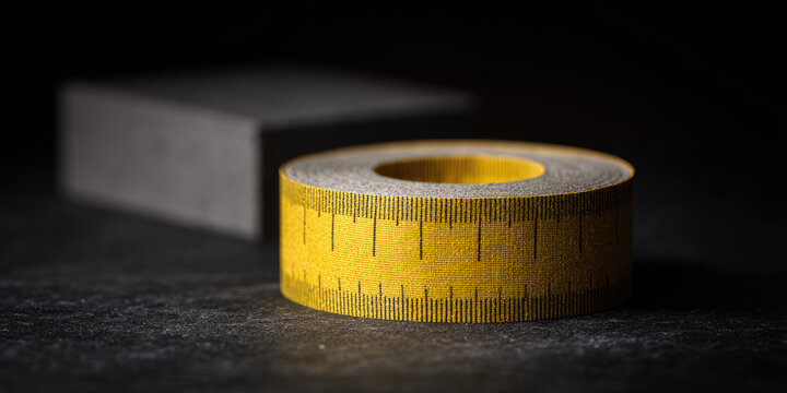 Yellow measuring tape roll sits on a dark surface with a blurred gray block in the background. Concept of measurement, precision, craftsmanship