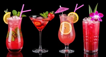 Four colorful cocktails with garnishes and straws on a black background