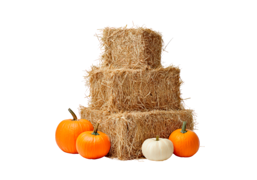 Autumn harvest: hay bales and pumpkins arrangement on transparent background, PNG