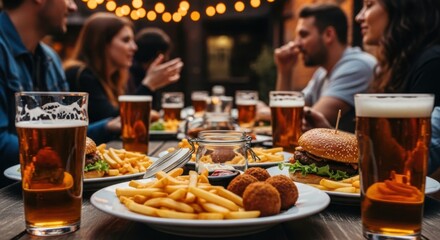 Friends enjoying food and beer at a pub or restaurant