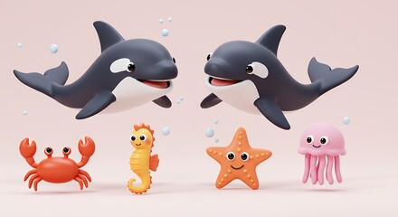 Cute cartoon orcas and sea creatures illustration