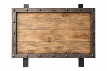 Vintage-style blank wooden sign featuring a dark metal frame and decorative rivets, offering a rustic canvas for custom text, branding, or decorative display